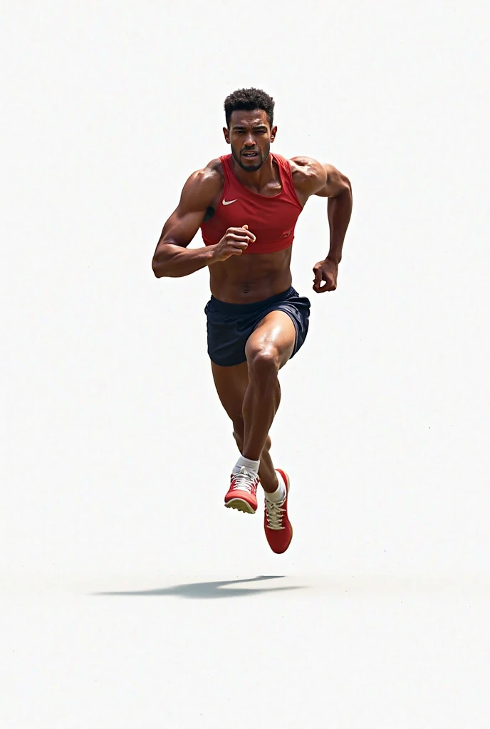 a muscular athlete, athletic body, running pose, sweat, determined expression, outdoor environment, nature scenery, sunlight, high quality, realistic, photorealistic, 8k, dynamic movement, sports equipment, vibrant colors, dramatic lighting