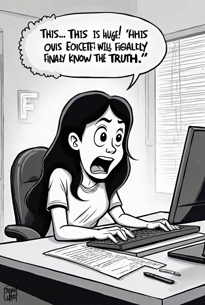 sits at her desk, eyes wide as she looks at leaked documents on her computer.  make it cartoons and all black and says  "This… this is huge! If this gets out, people will finally know the truth!"  