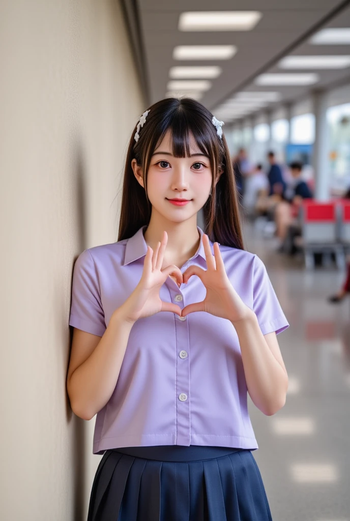 An 18-year-old high school girl wearing a light blue miniskirt and a white shirt..、Hold Valentine's Day's day chocolate in both hands