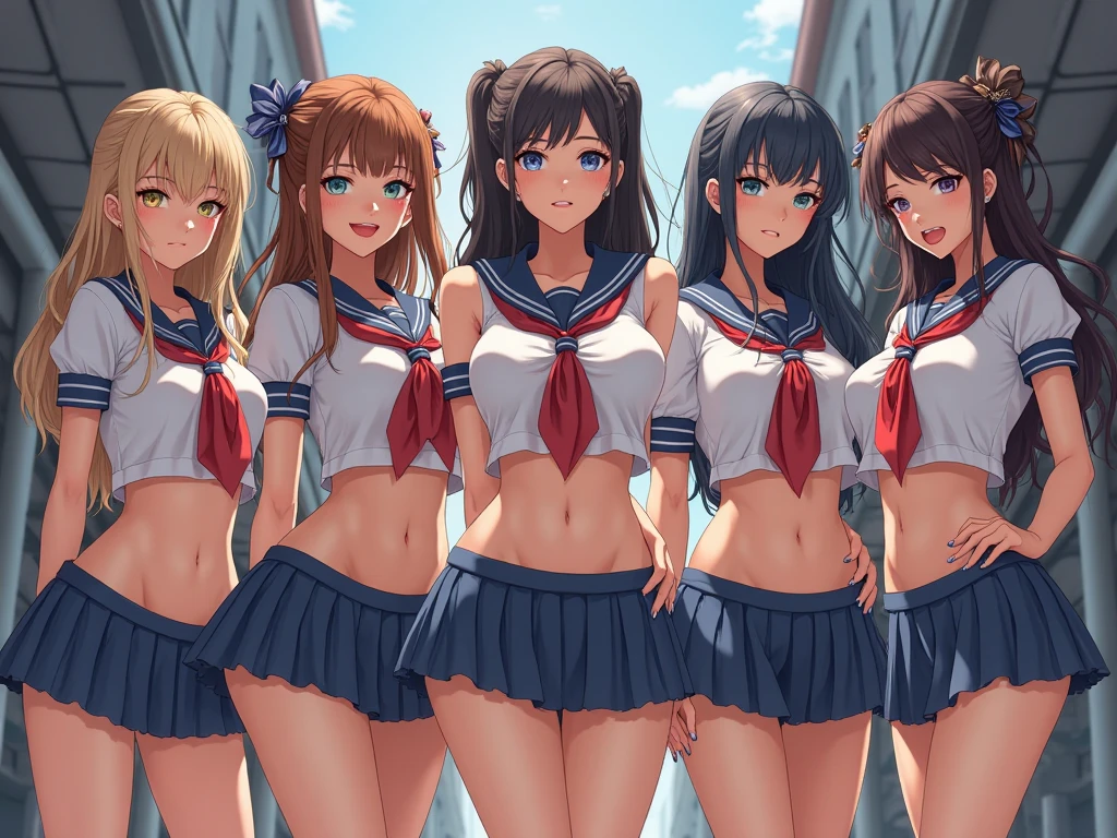 nswf:1.3,(masterpiece: 1.2, highest quality, masterpiece, Clearer images), (Bright colors), ((Take clear photos even from a distance)), (multiple girls), (Harem), (School classmates), (((All school uniforms have the same design))), (((Everyone is wearing the same navy blue skirt))), ((16 years old)), ((prostitution婦)), (prostitution宿, on the bed), (cute Japanese((6 girls))), (((infant'face))), ((group shot)), (group selfie), ((ass visible through thighs))、 (Full body diagram from head to toe), front, frontやや下からの構図, symmetry, 18 year old tall girl, alone, (whole body from head to toe),wide angle, soft light, ((((laugh with your mouth wide open)))), (slightly larger breasts), ((prostitution)), (lure), ((viewers love it)), (((A lot of hearts are flying))), Landscape、(((show panty:1.6)))、((((M spread legs:1.4)))、((female masturbation:1.8))、((breast grab:1.3)),(((bra lift:1.2)))、one eye closed、stick out one's crotch