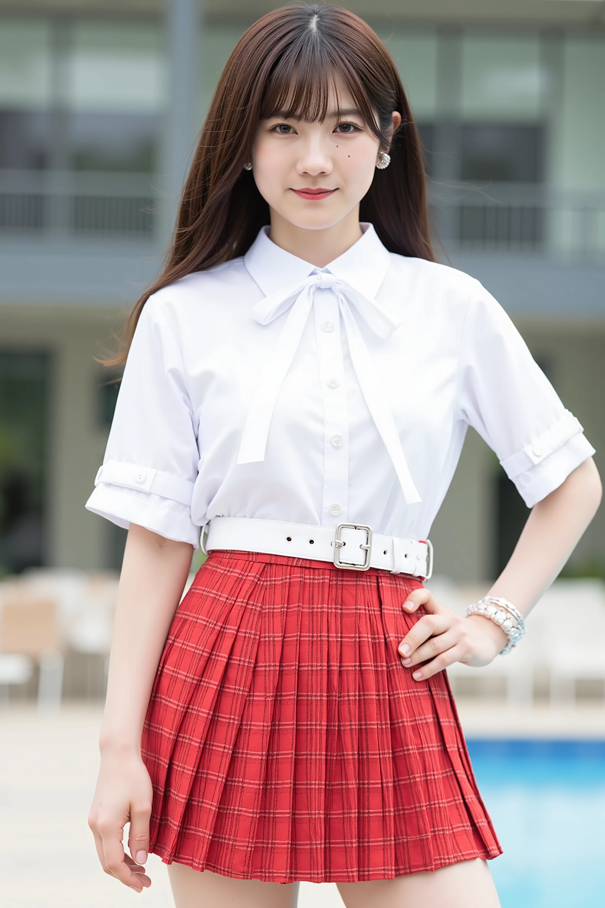 The image shows a young woman named Reina standing with one hand on her hip and smiling shyly. She has long straight hair with bangs. BREAK (red and white theme:1.4), (sexy school uniform:1.2), ((girly fashion, punk style):1.2), (close-fitting ultra low rise (red [[plaid pattern]] pleated skirt) cut in half vertically with extremely small fabric area:1.4), ((shallow, ultra low rise, pull down skirt):1.2), (bare (hip bone, lower abdomen, lower belly, lower buttocks, upper thigh):1.4), BREAK (plain white theme:1.3), (short sleeve front tie plain white collared-shirt:1.4), ((bare stomach, navel, collarbone, emphasize breast cleavage):1.4), (white (eyelet belt, grommet belt):1.3), BREAK ((earrings, necklace, bangles):1.2), (pumps with heels:1.2),,. The background appears to be an outdoor poolside setting.