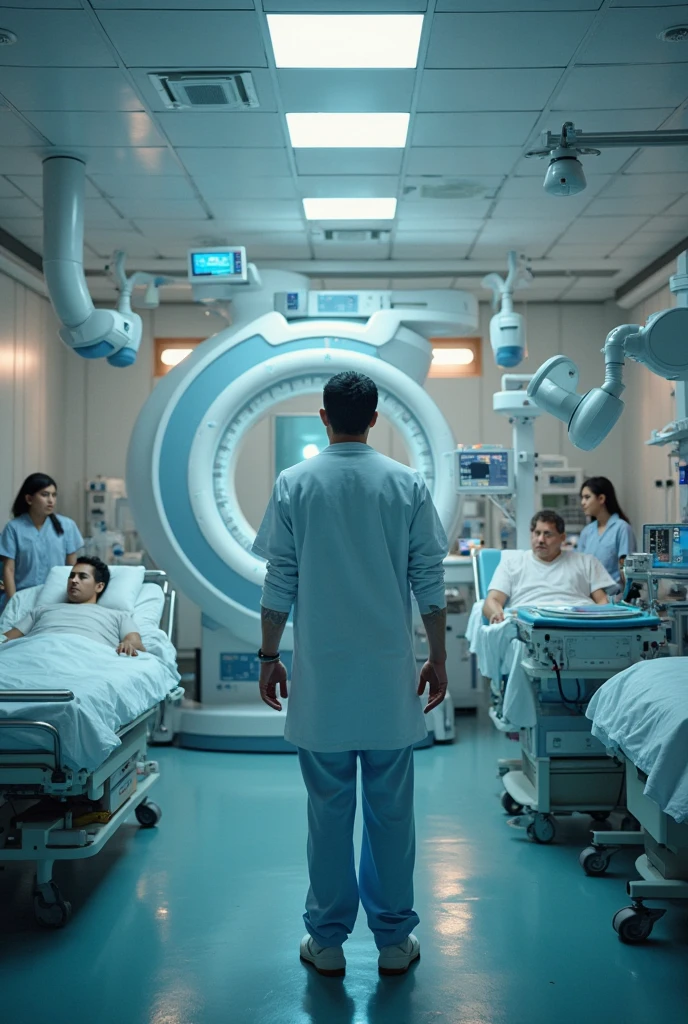 Old MRI in a hospital with lots of people and patients