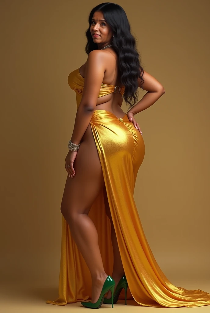create a 28 year old Brazilian woman, standing model, Brown skin, long black hair, barefoot, white backdrop, short yellow nightgown, full body, smiling,