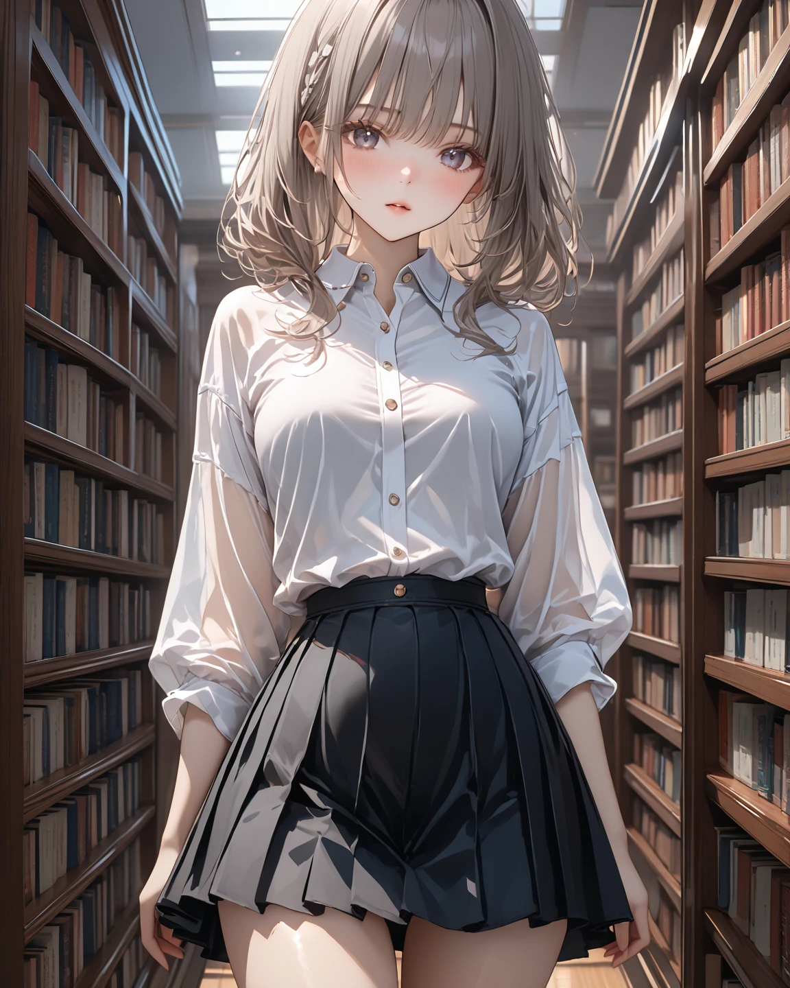Masterpiece, Max Image Quality, very detailed description ,highest quality, UHD, retina, masterpiece, accurate anatomy, super detailed, high quality, best quality, 8k, top quality, Masterpiece, Masterpiece, Extreme Advanced Details , depicting a delicate face ,( Delicate Hair Description ),cute 20 year old Japanese girl、wearing a sexy very, very tight white button shirt and a very tight, sexy black skirt、I'm seriously reading books in a big, clean library、