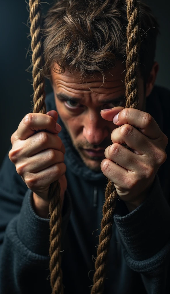 Handsome man suffering from being strangled with a rope。Drooping