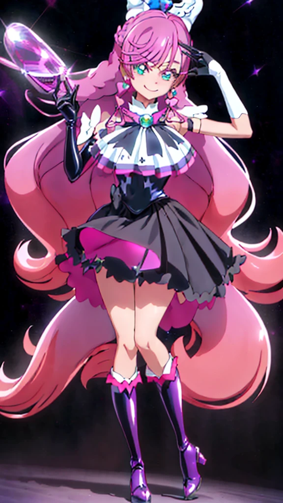 Tt_flat, Steven Universe, whitepink hair:1.5, bigsize long ponytail, low length, low length, low length, topless, topless, topless, 小柄な liTtle small junior body, CureLovely, vest, pink bow, heart brooch, wrist cuffs, pink skirt, heart hair ornament, puffy sleeves, thigh boots, Forward bending pose, Highest quality, masterpiece, Ultra-high resolution, One girl, In the Dark, Deep Shadow, Modest, Cold Light, Sexy Looks, Open Mouth Smile,, low length, low length, low length, topless, topless, topless, Nipples are visible through the bra, Nipples are visible through the bra, Nipples are visible through the bra, Large nipples, whitepink hair:1.5, Pink Hair, Pink Hair, Pink Hair, bigsize long ponytail, super long ponytail, super long ponytail, super long ponytail, high quality, high detail, beautiful, high resolution, 8K, Super detailed,