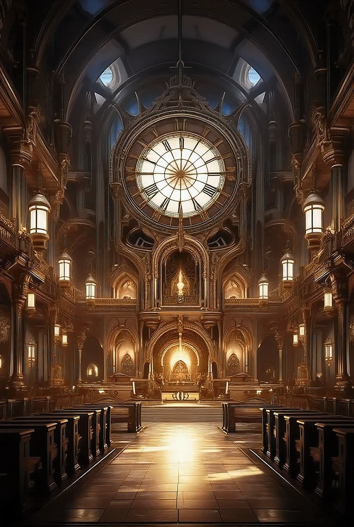 The image is a digital rendering of the interior of a large, ornate church with a high ceiling and arched windows
The church appears to be made of stone and wood, with intricate carvings and designs on the walls and ceiling
In the center of the image, there is a large clock with a circular face and intricate details
The clock is surrounded by ornate columns and arches, and there are several pews and benches on either side of the clock
The floor is made of marble tiles, and the overall atmosphere of the church is grand and luxurious
The overall color scheme is dark and rich, with a mix of light and dark tones.