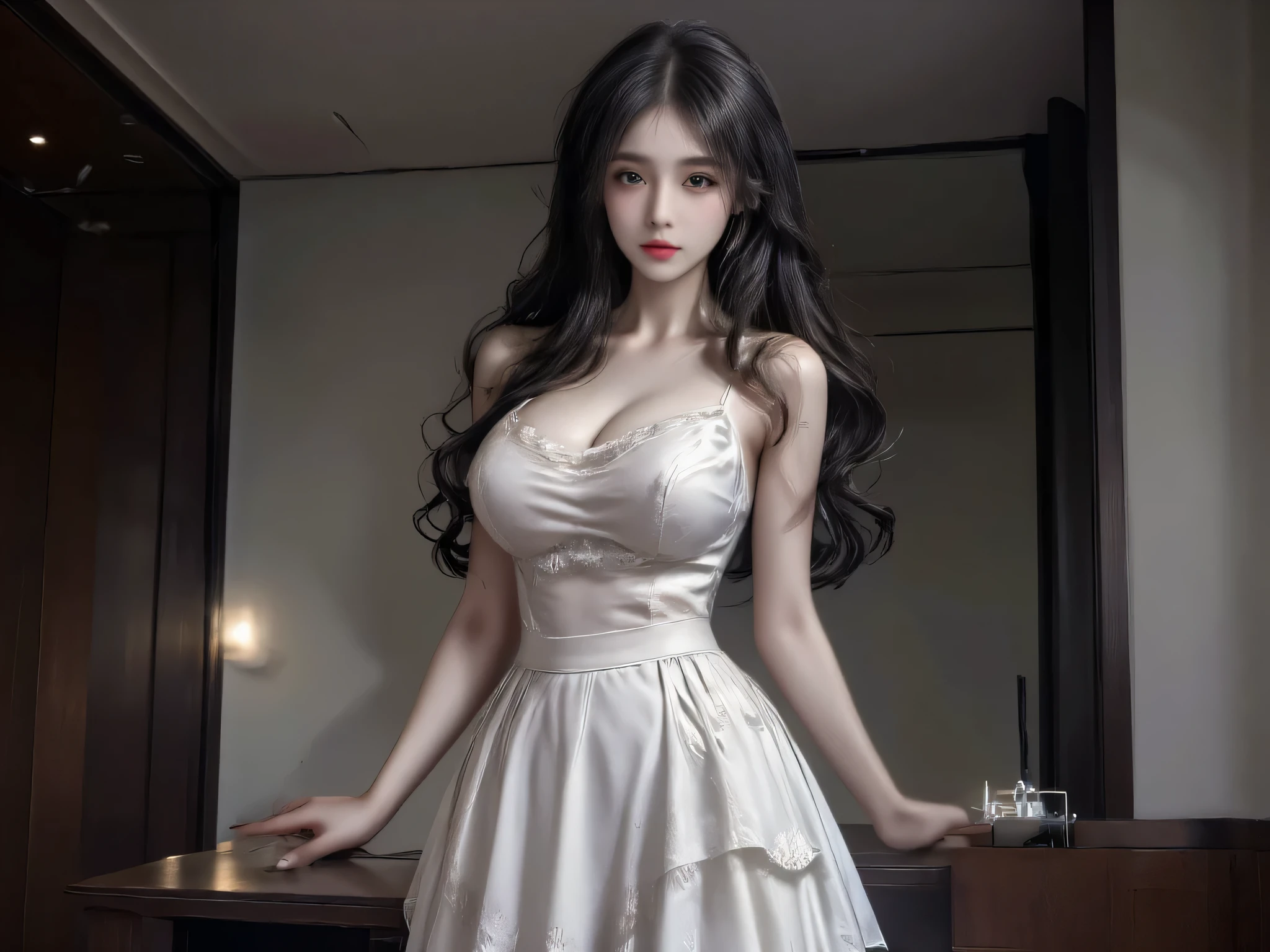 beautiful girl, Age 28 years, Young face, standing, long layered hair style, big curls, party hairstyles, party curls, AA cup breasts, Very beautiful, black hair, ผิวVery white, Very white, beautiful,, Wearing White Skirt Dress, front view, standing, japanese, White skin,, arrogant face, thin, standing, Realistic, Masterpieces,movies,8K resolution, Details Clear, Half-shot.