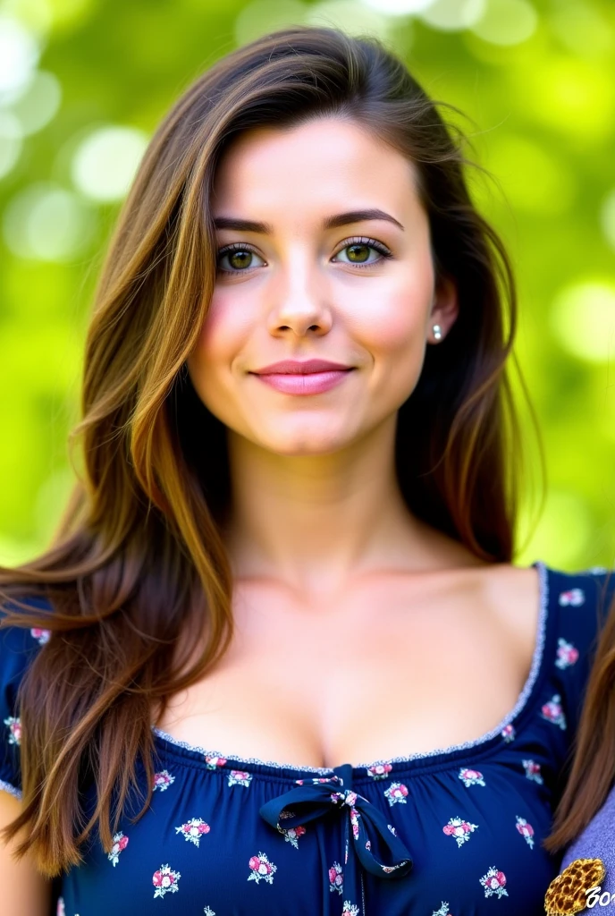 Extreme Beautiful woman from austria, realistic eyes, hyperrealistic face, slim face, long brown hair, 25 years old, model posing, special camera angle, sexy summer dress, smiling, big breasts, outside