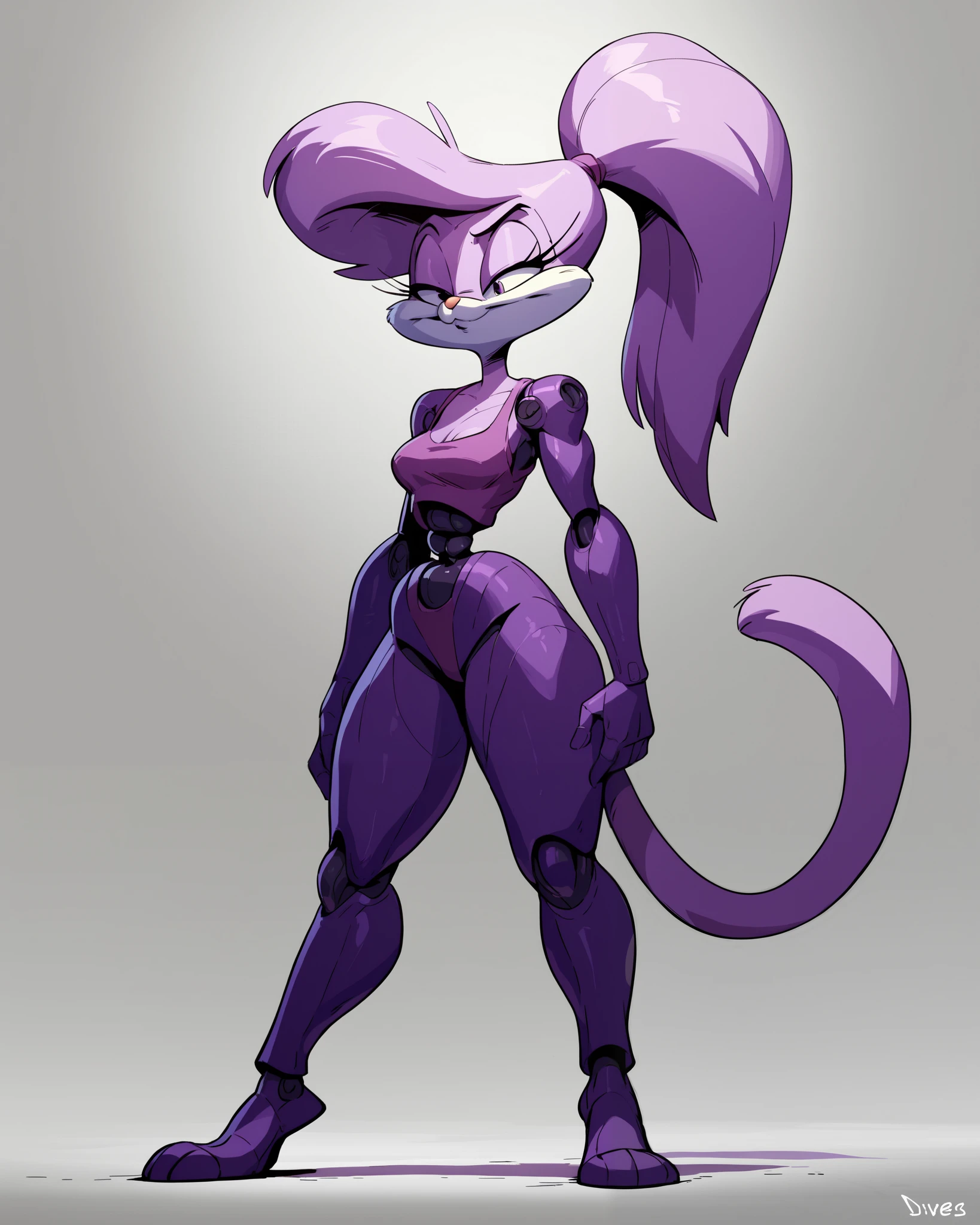 A medium shot of Lady Lumious, an anthropomorphic light purple cat character. Cyborg form. Her long, purple hair is styled in a high ponytail. She has a light purple tail, she is using purple technology powers on their hands, full body view, tiny toons style, by diives,