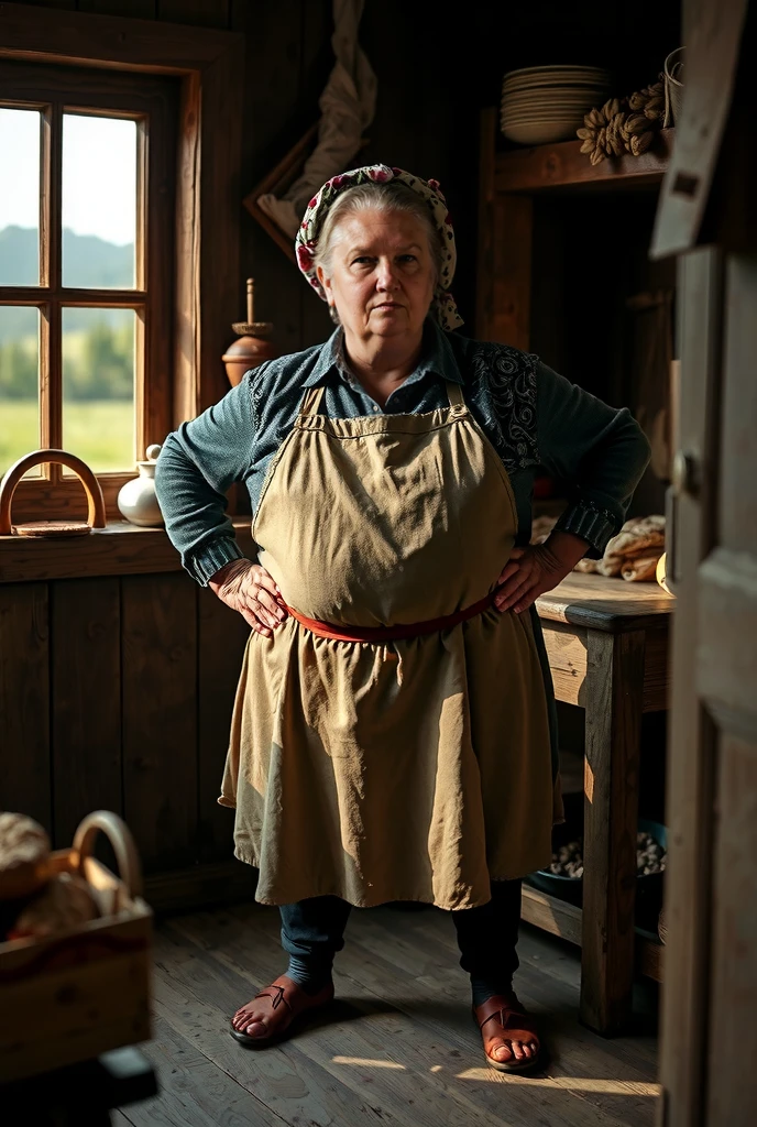 RAW photo, older woman, Waist-length image in the center of the composition, fat, Good-natured, friendly, Sly smile, ((medieval garb)), gray apron, bonnet on his head, (in a medieval castle), blurred background, 8K UHD, dim lighting, hiquality, Film grain, Fujifilm XT3