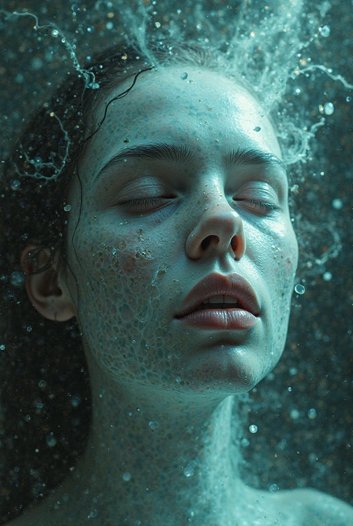 dark photo, a evocative extreme closeup of the face of a beautiful 25-year-old woman with her eyes closed and partially submerged in the water of a dark green bathtub in a dark scene, dark water, reflections in the water, the head is mostly submerged, realistic skin, skin texture, natural skin, skin pores, (skin oils:0.8), dimly lit scene, shallow depth of field, moody lighting, turquoise tiles on the wall, highly detailed, award winning photo, film grain, interesting framing, side view