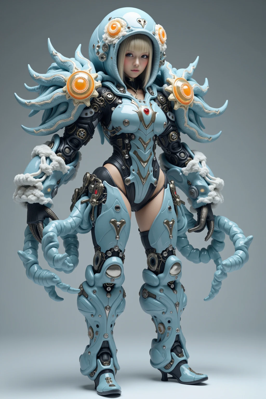 miling minchen, balanced eyes, (Best quality details:1.2), realistic,8K High definition,Ultra Detailed,High quality texture,intricate details,detailed texture, finely detailed, high detail, extremely detailed high quality texture cg, high quality shadowasterpiece, best quality, illustrations, ultra-detailed 8K, realistic, clear focus, highly detailed, professional lighting, colorful details, iridescent colors BREAK factory super long lens, large mechanical robot structure, microchips, computers, luminescence, intricate details, Shitu-Mecha, (navel), (cleavage), (huge breasts:1.1), (bikini:1.4), blue hair, short hair, horns, full body