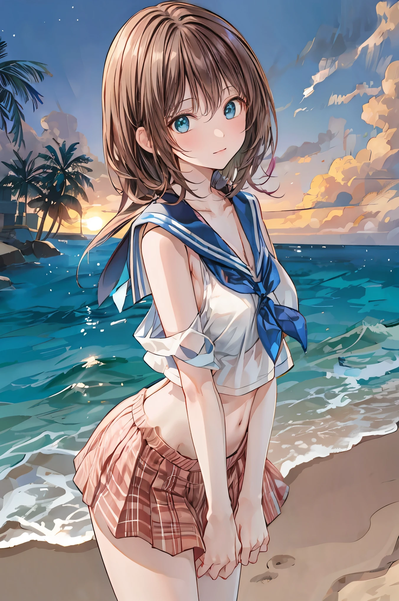 (realistic, photo realistic:1.2), ((highest quality)), beautiful face details, real human skin, pretty embarrassing, SoraSummer, long hair, star hair ornament, hair ribbon, blue eyes, sailor bikini, blue skirt, wristband, Cowboy Shot, sitting on rock, knees raised, spread legs, Cute face, deadpan, Looking at Viewer, beach, from below