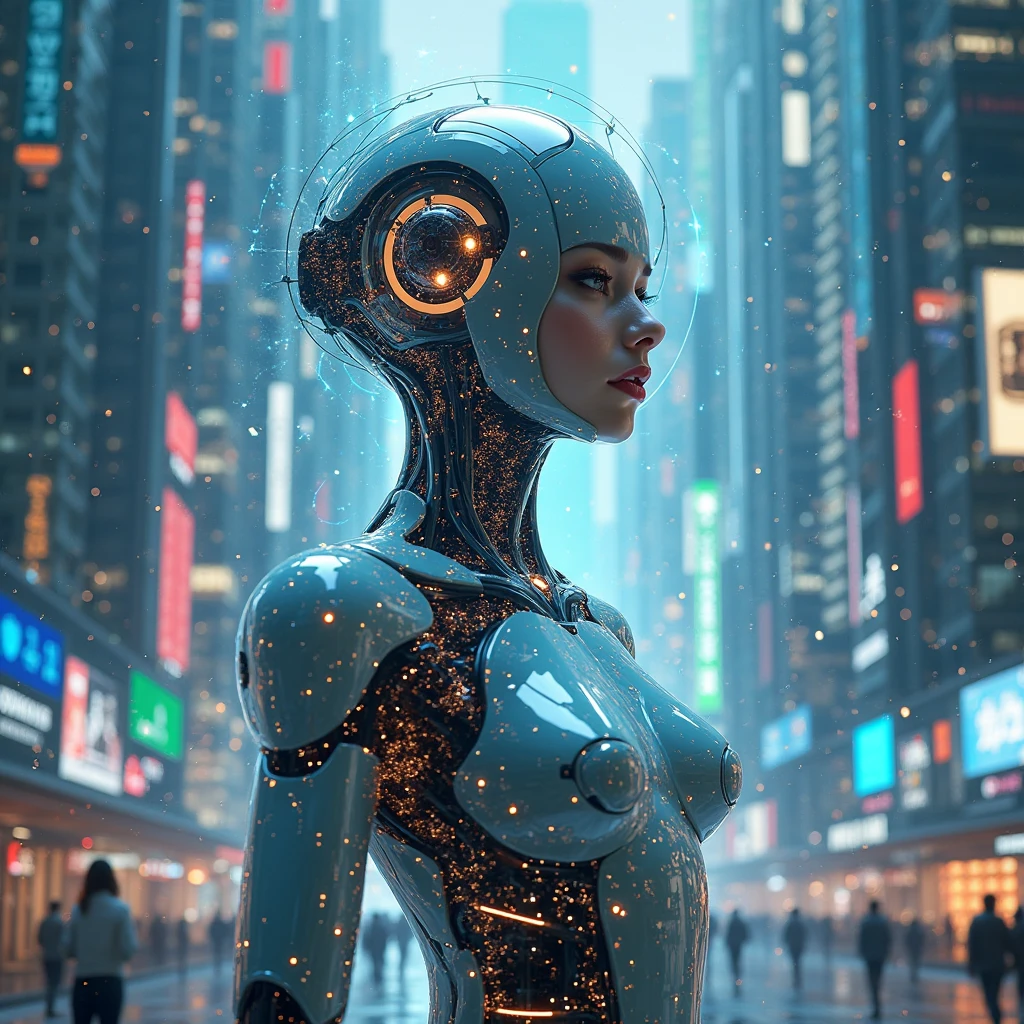 Woman's cyborg walking down the street in a crowd of people in the big city, defile show, high quality, best quality, absurdres, masterpiece, beautiful, intricate details, 1/2 body crop, slim body, beautiful figure, magnificent anatomy, (intricate details:1.12), HDR, (intricate details, hyper-detailing:1.15), (natural skin textures, hyper realisitc, soft light, Sharp:1.2)