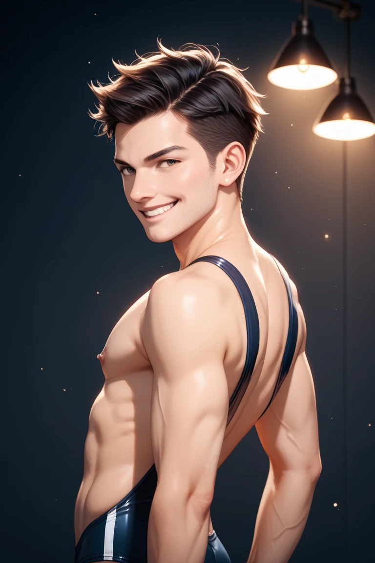 (BDBUNNY, BLACK LEOTARD, RED LEOTARD, BOW TIE, WRIST CUFFS), bulge, (STANDING, COWBOY SHOT, muscular male, beard, white skin, pale skin, DARKNESS), (solo male, bara, mature, short hair, stubble), handsome, solo male, male focus, cinematic lighting, realistic,