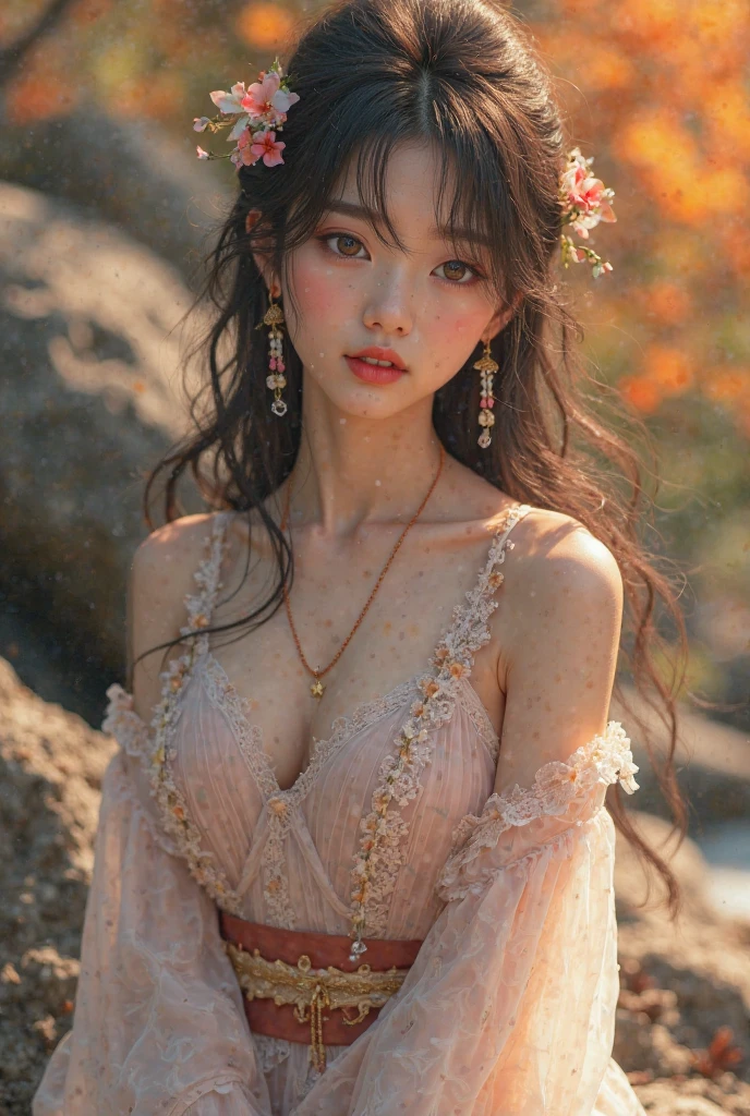 score_9,score8_up, ((head to thigh portrait)), (majestic:1.5),(uhd:1.3), (best quality,highres,masterpiece:1.2), ultra-detailed, (realistic, photorealistic, photo-realistic:1.37),(highest resolution, distinct_image), A stunningly beautiful woman with medium black hair artfully styled into bangs and frills that frame her face, drawing the eye to her captivating gaze. Her striking blue eyes are the focal point, sparkling with an allure that seems to invite the viewer into her world. A delicate soft blush graces her cheeks, adding a natural warmth to her already flawless complexion. Her lips are a gentle pink, curled into a closed smile that suggests a secret only she knows. She is dressed in a vibrant, colorful frilled blouse that falls off her shoulders, revealing a tantalizing glimpse of her collarbone and a hint of cleavage. The garment is adorned with intricate patterns that dance in the soft daylight, casting playful shadows across her chest. The woman's figure is accentuated by a sleek black microskirt that hugs her curves and draws attention to her slim waist. Accessorizing her outfit are a pair of elegant earrings that dangle from her lobes, catching the light as she tilts her head slightly. A collection of tasteful jewelry complements her ensemble, adding a touch of sophistication to her youthful charm. Her clear, poreless skin glows with vitality, setting the stage for an outdoor scene that is rich in detail. The background is a well-manicured garden, with lush greenery and vibrant flowers that serve as a picturesque backdrop for her beauty. The sun kisses her skin, casting a radiant glow that highlights her features and the delicate fabric of her blouse. Her posture is poised yet relaxed, exuding a sense of confidence and ease. The overall effect is one of enchantment, a moment frozen in time that captures the essence of feminine grace and charm.
Red beautiful dress