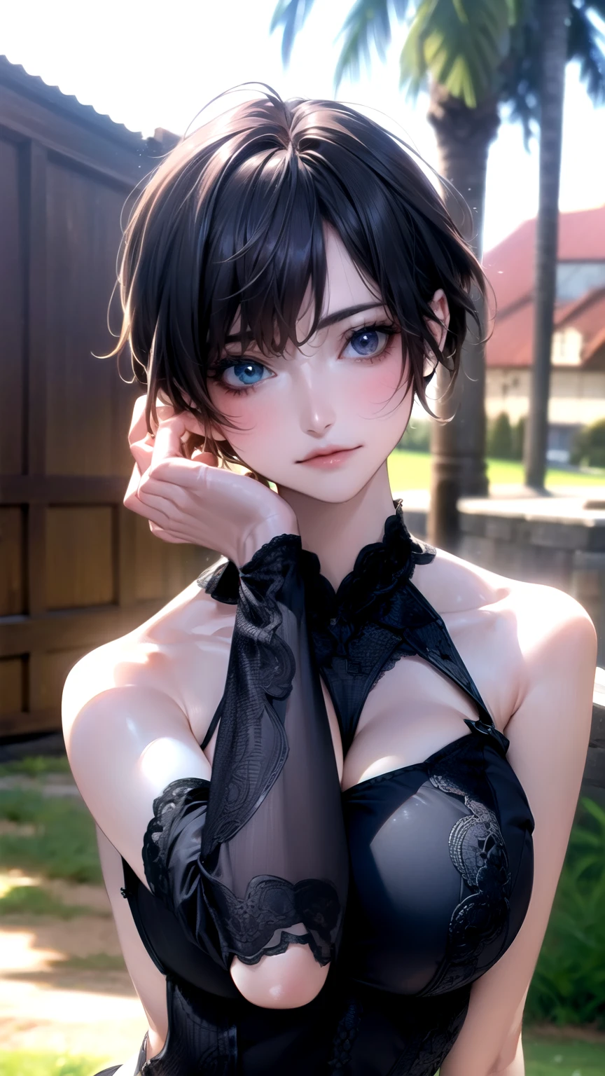 best quality, masterpiece, black hair, blue eyes, looking up, upper body