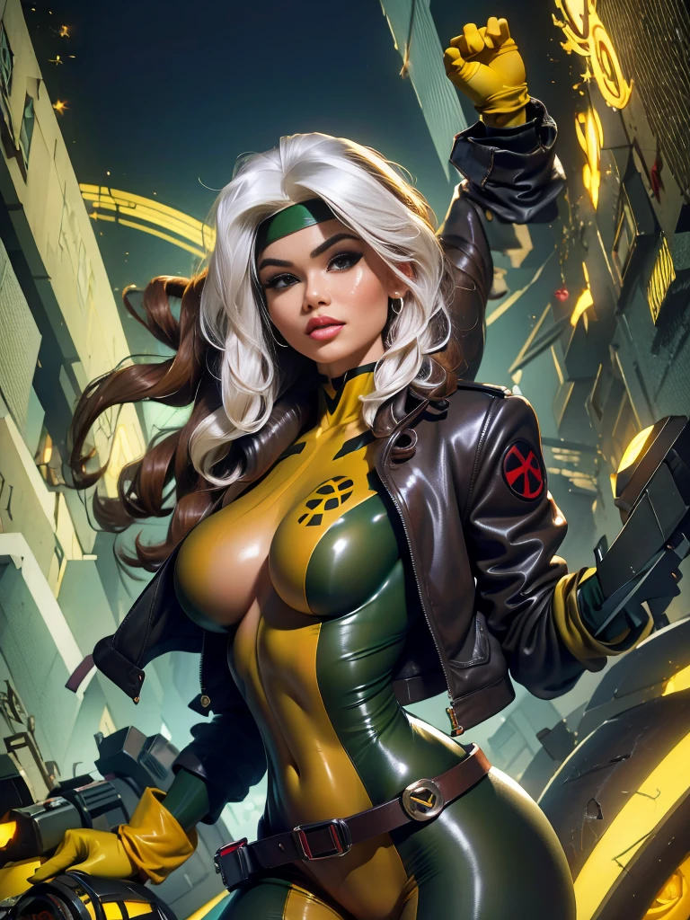 Scarlett Johansson、Wet、Full body view, Long Hair, brown hair, Green Eyes, lipstick, compensate, lips,Emphasize cleavage、 sexy、White stripes in hair, like, Wavy Hair, Messy Hair, Curly Hair, middle～Large breasts, Surface Plot, ((Kelli Berglund:Bailee Madison:0.5)), 黄colorのスーツ, Jacket, gloves, belt, gloves amarillos, Green Suit, (Bodysuits:1.4), Traje multicolor, (Superhero:1.4), tight skin, Ropa multicolor, Garden and wisteria background, Official Art, extremely detailed CG 8k wallpaper, Perfect lighting, De color, bright_amount_method_Light, piel bright, (masterpiece:1.0), (Better_quality:1.0), Ultra-high resolution, 4k , Super detailed, Director of Photography, 8k, HDR, Altas ResoLightones, (Disorganized:1.2), Kodak Portrait 400, Film Grain, blurred background, (Bokeh:1.2), Lens flare, (Vibrant_color:1.2), Professional photography, (beautiful_method:1.5),More detailed 8K.Unreal Engine:1.4,Hmm,La Better calidad:1.4, Realistic:1.4, skin temperature:1.4, masterpiece:1.8,masterpiece, Better calidad,Object Object], (Detailed facial features:1.3),(Antesedentes apocalyptic destroyed city:1.4), (Apocalyptic Sunset:1.4)