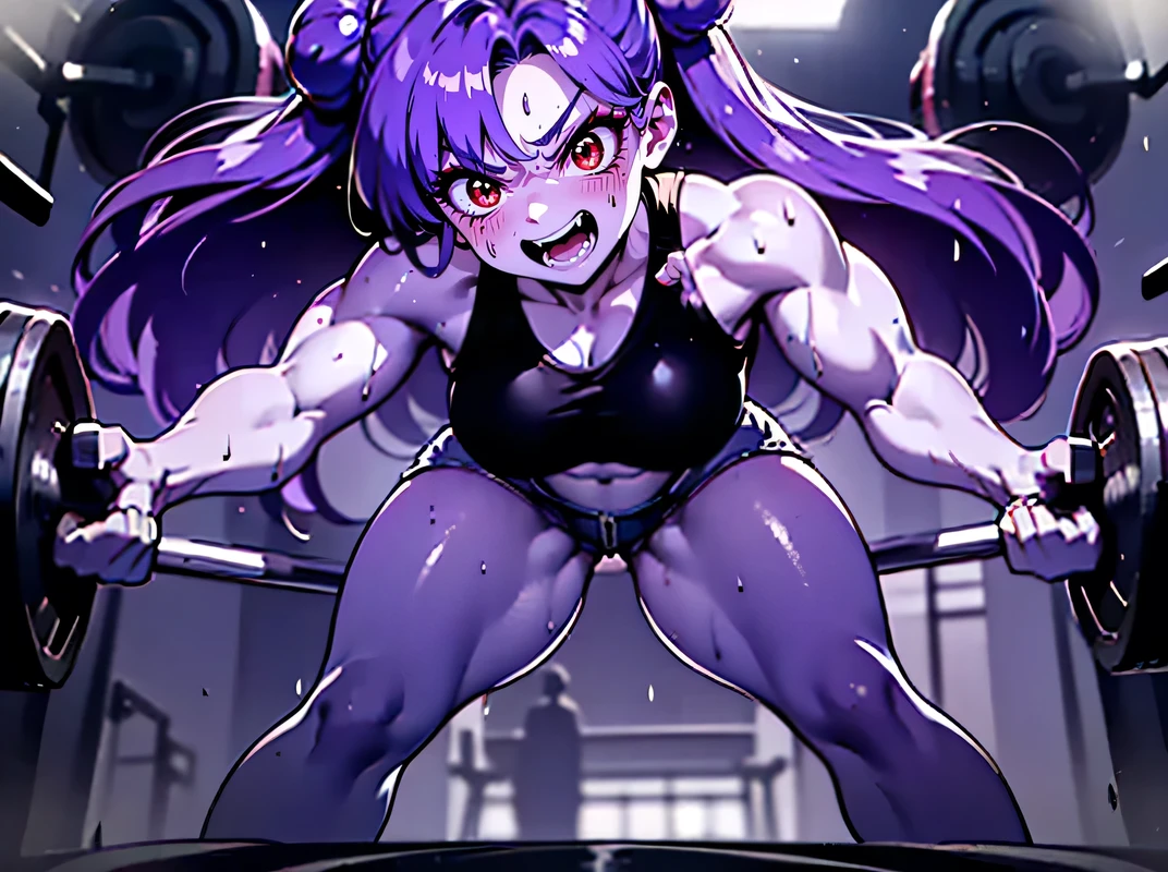 Sexy anime girl (( toned body, muscular female, athletic body, wide hips, narrow waist, thight Gap, perky breasts, shredded ABS)). (Weight lifting a barbell:1.5) (From below, standing over viewer, pov :1.7) Sweaty, sweating, sweaty, heavy breathing, tired, powerful, excited, energetic, strenght, sexy female, cute, blushing. At gym. ((Undersized thight skindenting outfit)). (Leaning forward:1.2) (Gesugao, maniac laugh:1.2) (thick thighs:1.5) ((greyscale, monochrome excepto for the eyes, vertical motion blur, powerful atmosphere)). ((Shampoo, long volumous purple hair with two buns)), (Wearing an undersized unzipped micro jeans shorts, partially exposing pussy:1.4)open legs ((front view,:1.5)