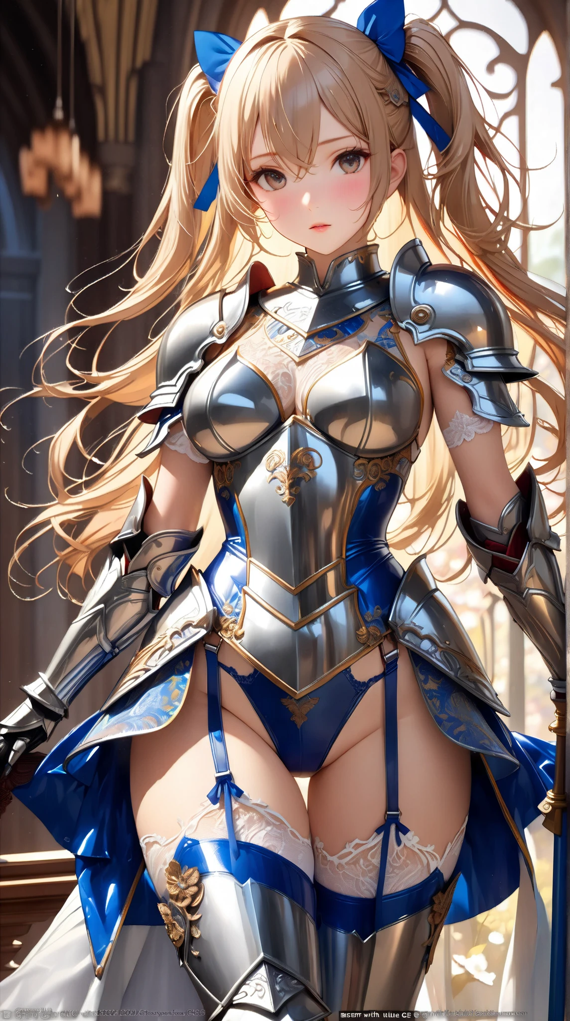 Blonde warrior, costume, armor, short skirt, Beautiful, blue skirt, steel breastplate, steel boots, steel gauntlets, white panties, thong, upskirt, pantyshot, cameltoe, girl lying down, with legs up, on the bed, straight hair, legs open,