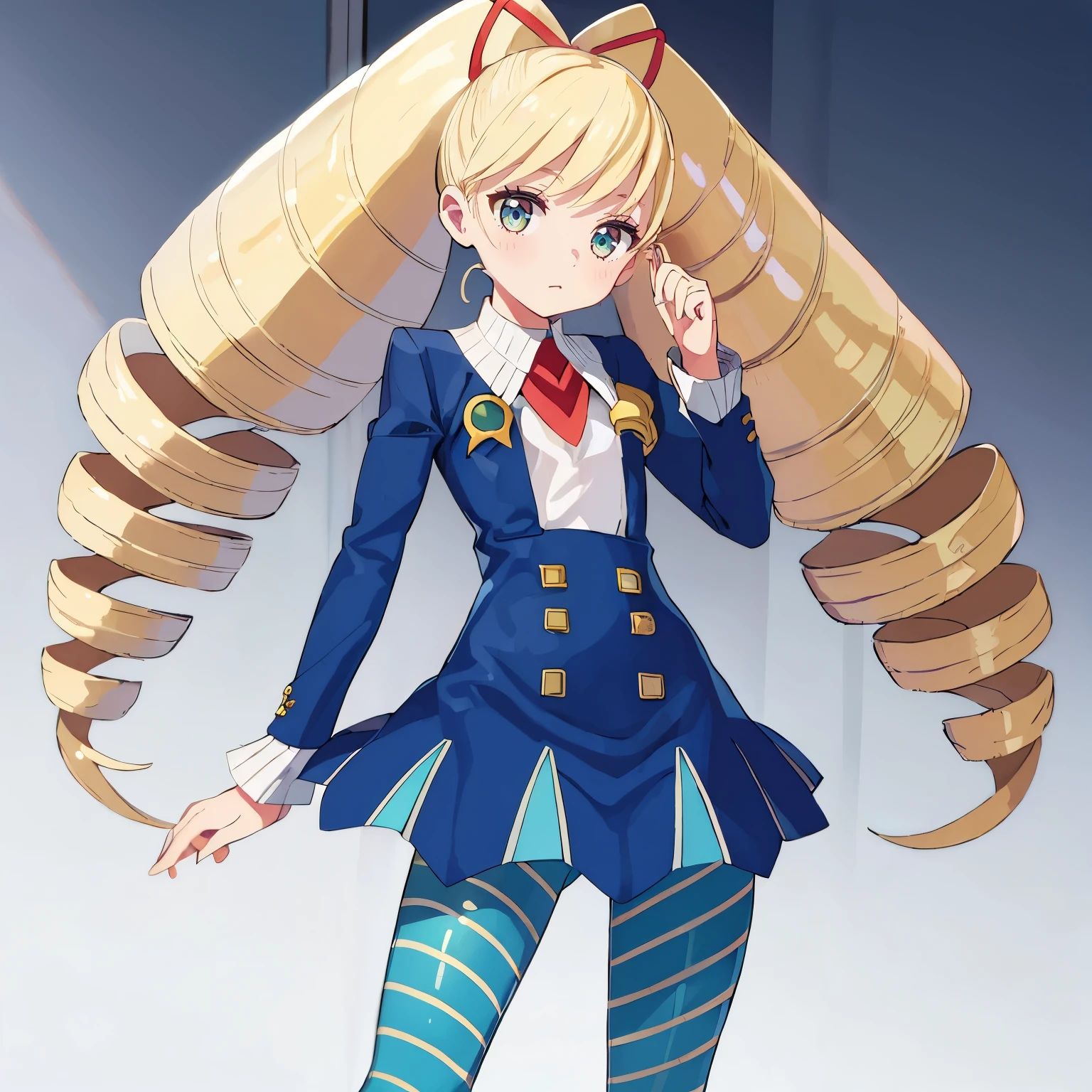 1 girl,solo,twintails,twin drills,dress,blue pantyhose,striped pantyhose