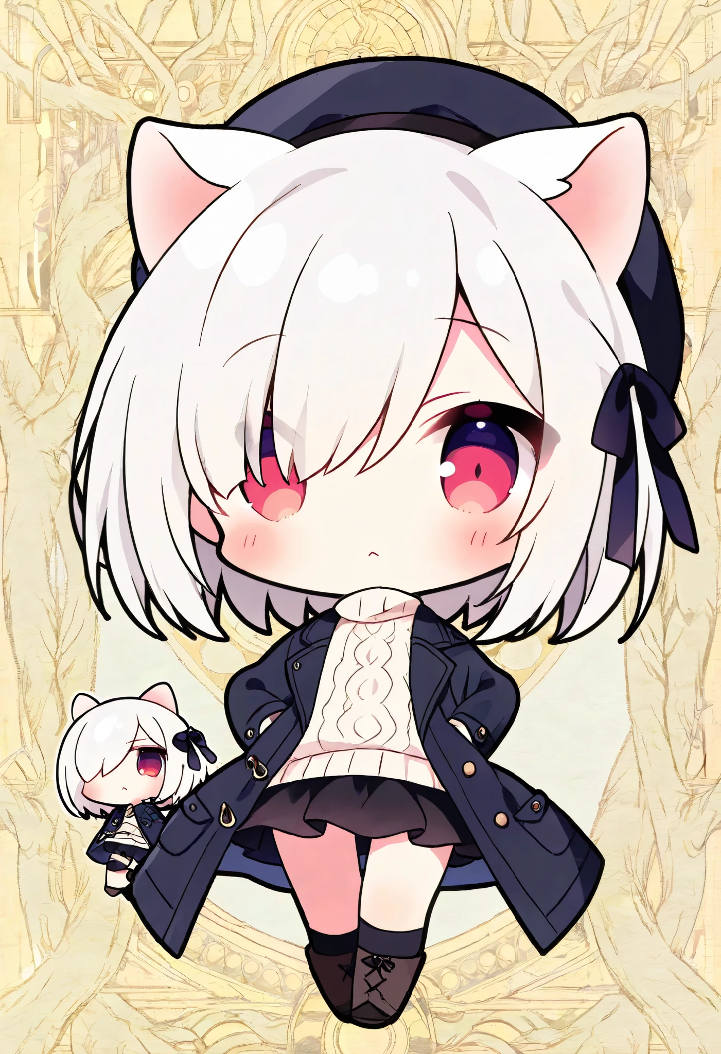 masterpiece, best quality, 1girl, medium bob, hair over right eye, white hair,, red eyes, with white  cat ears, no human ears,, hair ribbon, knee socks, boots, hat, coat, sweater, white background, hyper detailed, anime, hard-edged, golden ratio, dynamic pose, full body, (chibi:1.4), looking at viewer