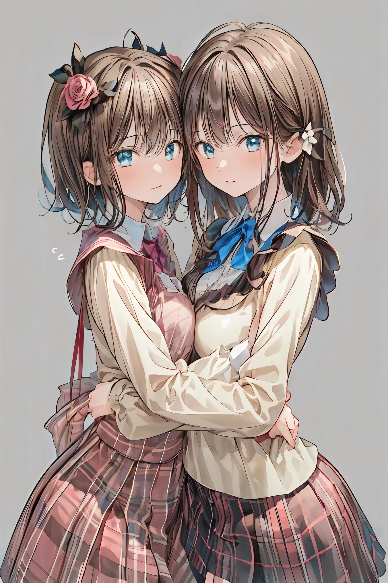 masterpiece, (2 girls and 2 girls), idol, close-up, big eyes, cutetech, cute, cute, PASTEL COLOR, Highest quality, happy, deep background showing one person, symmetrical , tilts her head, spring