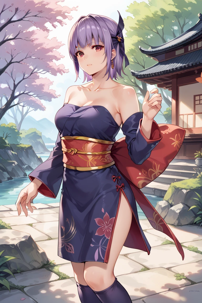 one arafed woman with purple hair and green eyes, japanese tattoo sleeve on her right arm, nsfw, japanese temple