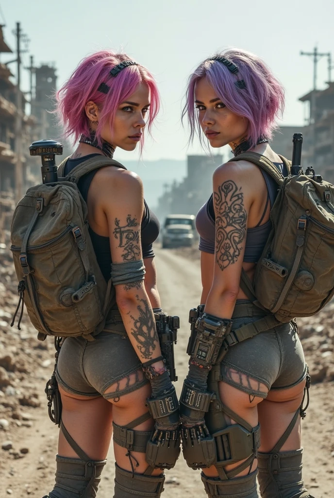((Best quality, 8k, Masterpiece: 1.3)), ((5120x1440)), Sharp focus: 1.2, Full body, two girls, perfect, big ass, small ass, pale skin, muscular, cleavage, huge, perfect, big ass, small ass, 30 year woman, 20 year girl, Human Anatomy, Small nose, One woman is taller than the other woman, smaller woman has green eyes with black hair and green highlights, smaller woman has a pixie cut hairstyle, smaller woman is athletic, smaller woman has medium breasts, smaller woman is wearing ripped jeans with a small Top and army vest, taller woman has Pink hair with orange/blue highlights, Taller woman has blue eyes, taller woman has pigtails hairstyle, taller woman has big breasts, taller woman is wearing Leather pants and a tank top, taller womans is average build, Zombie apocalypse,  smokey atomsphere, backdrop of city burning, smaller girl is holding a baseball bat in her right hand with a gun holster around her waist, smaller girl has  a desert eagle pistol in her left hand aimed infront of her, taller woman has a machete in a sleeve attached to her leg, taller woman is holding a m4 machine gun with both hands resting infront of her, cuts, blood, scratches, (special attention to skin detail:1.2), detailed leather texture, skin pores, spooky atmosphere, (pale skin), Adult, ((girl1=Eye makeup, pink Mascara)) ((girl2=black makeup, black mascara)),Photorealism, Taken with, Canon EOS 4000D DSLR Hyperrealistic, ((portrait, close to camera)) Hyperrealistic, splash art, concept art, mid shot, intricately detailed, color depth, dramatic, 2/3 face angle, side light, colorful background, Body Armor,  looking at viewer, smoke in sky, Burning, depth of field,