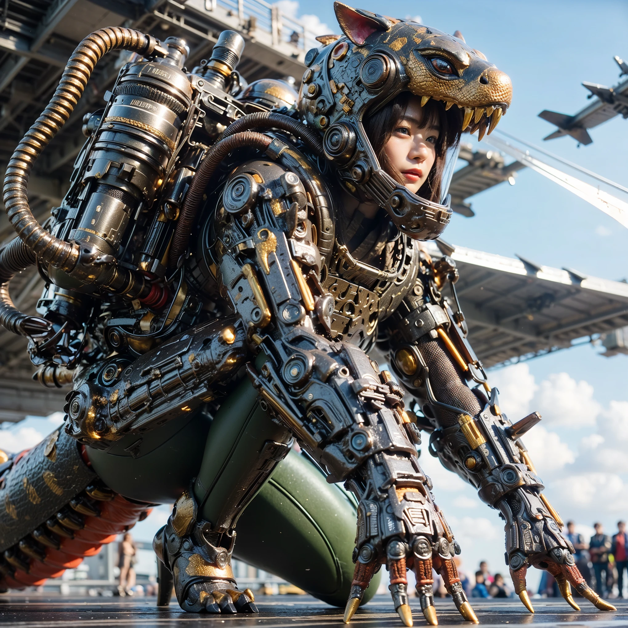 (Completely live action:1.37), (ultimate realistic textures:1.37), (masterpiece, best quality:1.2), (8k uhd, 16k, 32k, ultra high res), ultimate realistic skin, ultimate realistic photo, superrealism, (photorealistic:1.37), (RAW photo), extremely realistic, (ultimate realistic all details), (ultimate realistic all textures), ultimate realistic lighting, ultimate realistic shadow, (japanese girl:1.5), ((young face)), smiling, happy, ultimate realistic face, ultimate realistic skin, ultimate realistic eyes, ultimate realistic background, ultimate realistic detail up, kkw-ph1, ((ultimate intricate details, mechanical armor, glossy texture, metallic texture))
