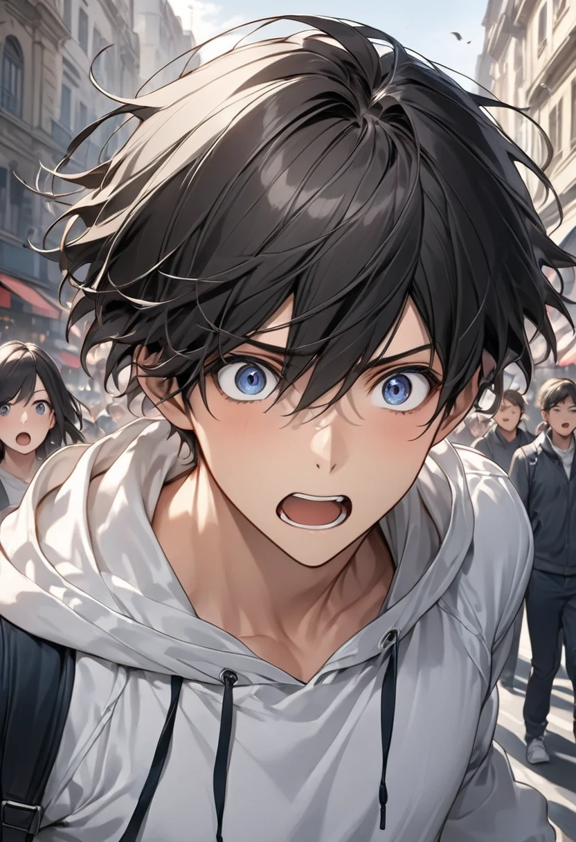 Pale Expression Dark Haired Young Man Surprised in the Wind, pale expression - SeaArt AI