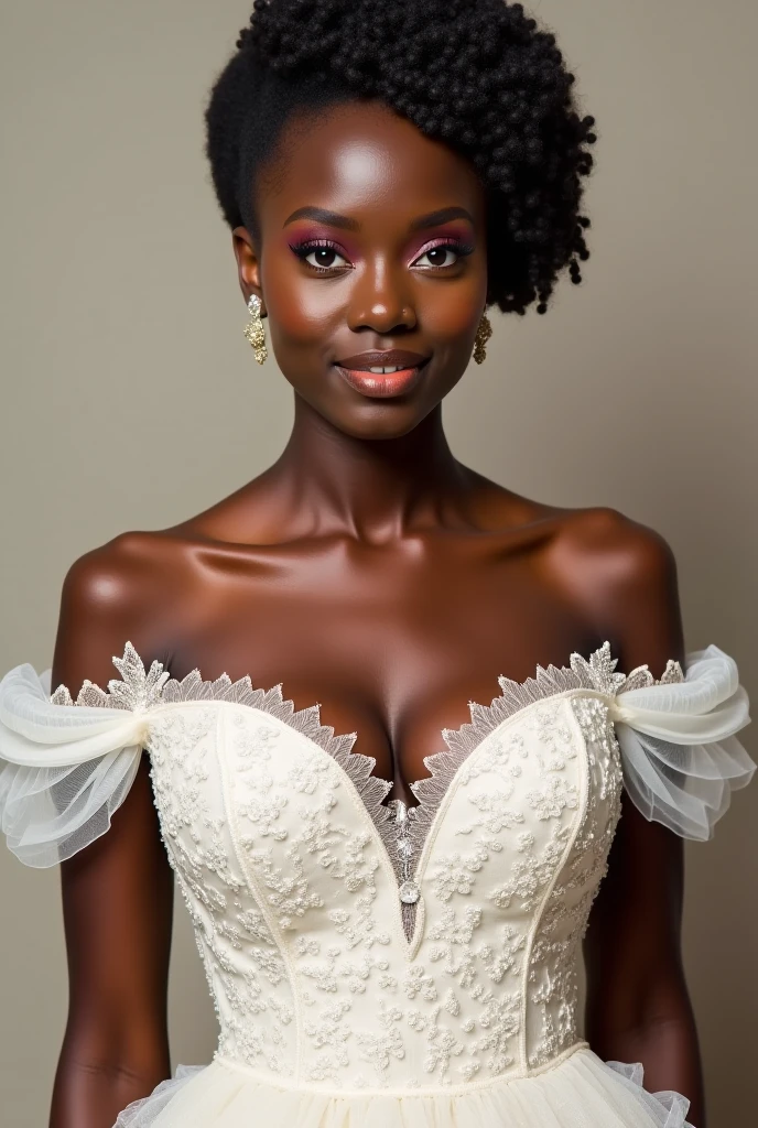 photo of a beautiful dark-skinned ebony woman in a white off-shoulder strapless dress sitting in a chair, elegant, feminine, very intense makeup
