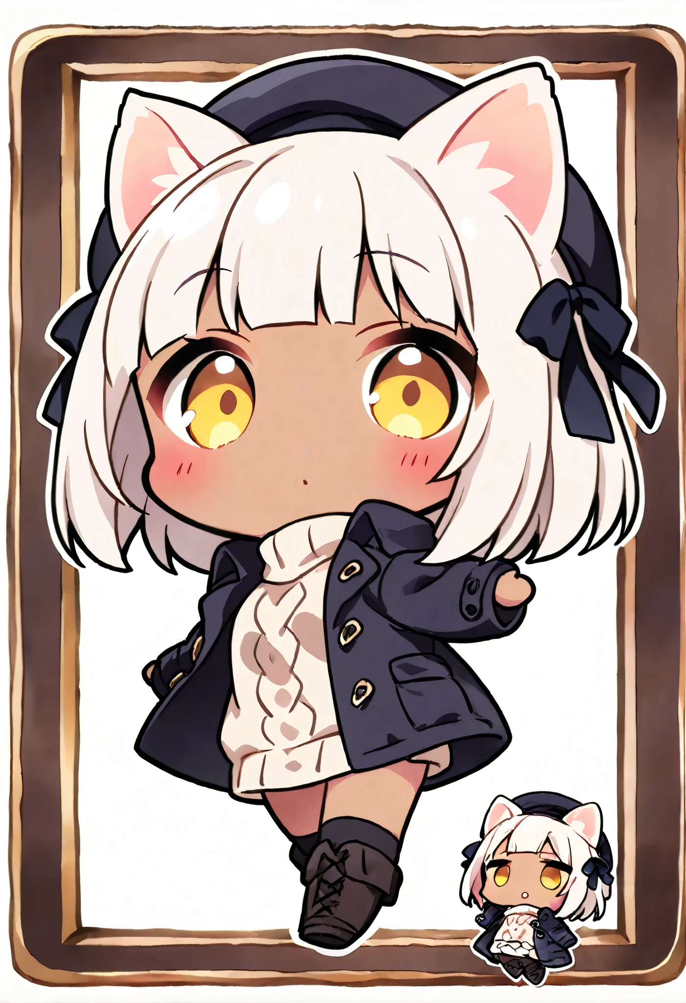 masterpiece, best quality, 1girl, bob, blunt bangs, white hair, golden eyes, dark skin with white cat ears, no human ears, hair ribbon, knee socks, boots, hat, coat, sweater, white background, hyper detailed, anime, hard-edged, golden ratio, dynamic pose, full body, (chibi:1.4), looking at viewer