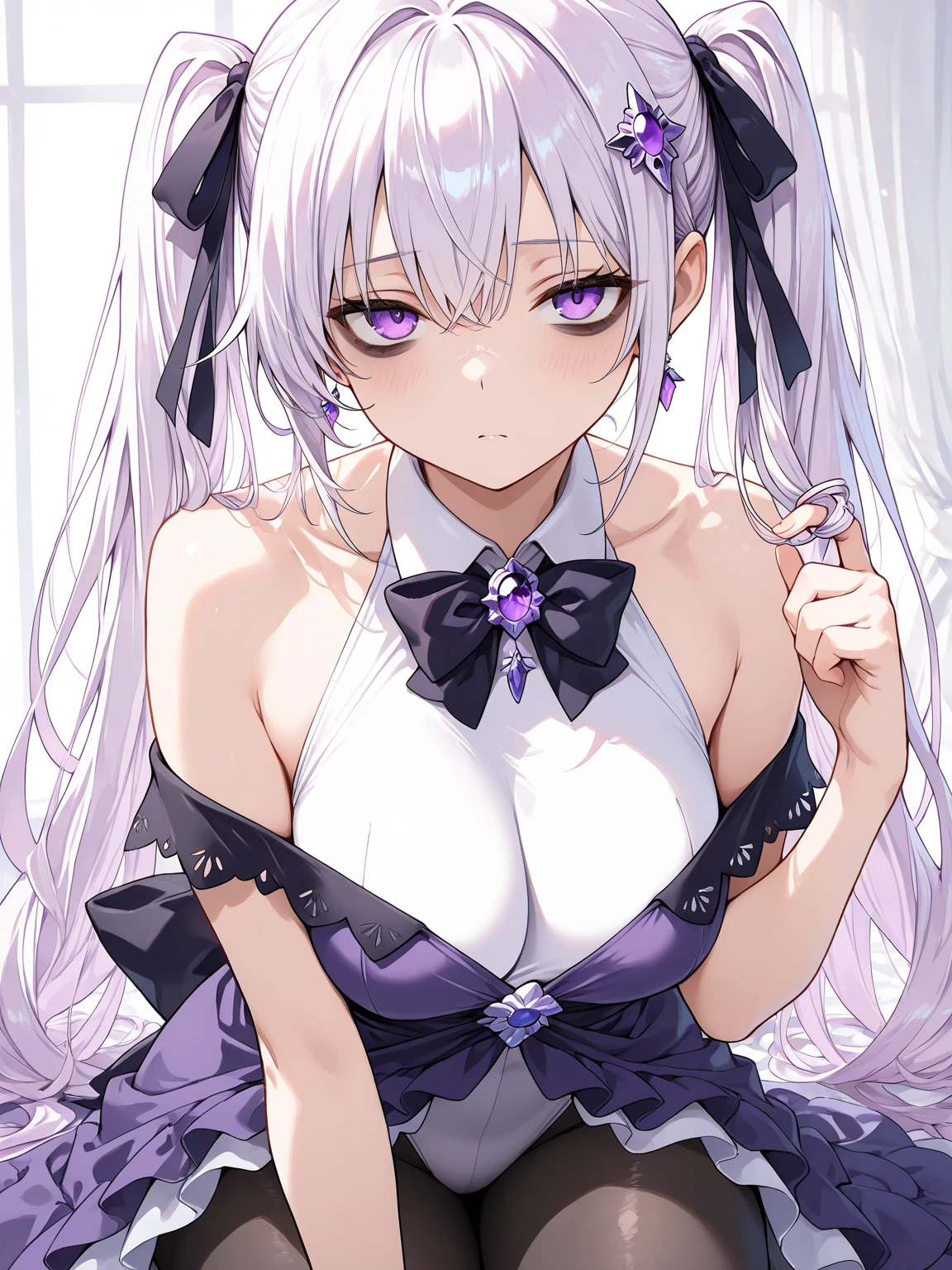 Emilia Les:zero, Gray Hair, White Crown Blade, Purple ribbon on hair, white flowers on hair, White Lingerie, X Hair Ornament, Purple eyes, Long Hair, Medium chest, Fox Girl, Multiple tails, One girl, alone,
(masterpiece:1.1), (Highest quality:1.1), (Super detailed:1.1), (figure:1.1), Medium chest, One piece lingerie, No panties,Pussy in full view, Cleavage cutout, abdomen, View your viewers, Cowboy Shot, Blushing