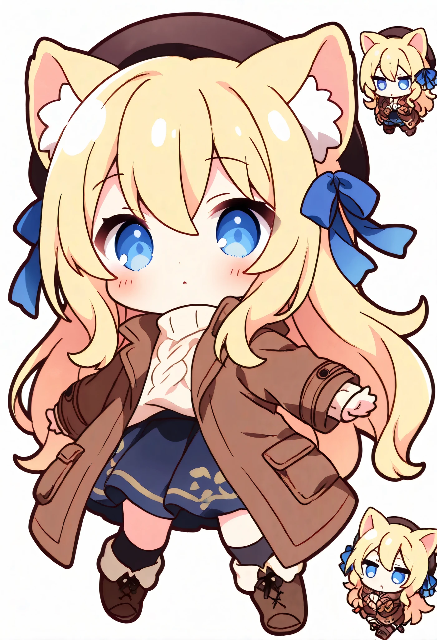 masterpiece, best quality, 1girl, long hair, hair between eyes, blonde, blue eyes, with blonde cat ears, no human ears, , hair ribbon, knee socks, boots, hat, coat, sweater, white background, hyper detailed, anime, hard-edged, golden ratio, dynamic pose, full body, (chibi:1.4), looking at viewer