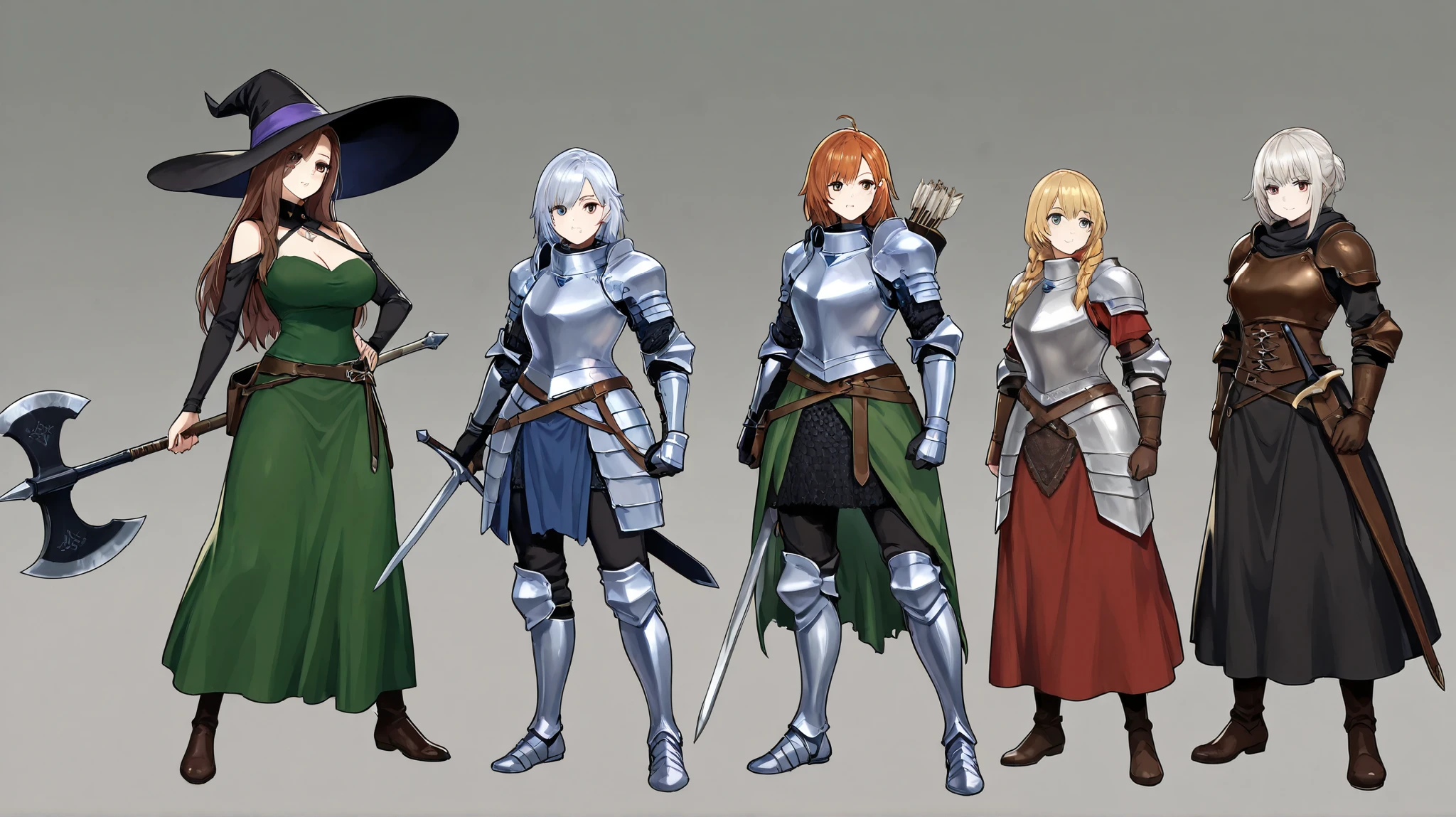 A horizontal lineup of five fantasy female characters in various armor styles, each showcasing unique traits. From left to right: an archer in green attire with a quiver; a sorceress in black with a large hat and a glowing book; a knight in shiny armor with a sword and shield; a warrior in plate armor with a sword and a shield; and a formidable female fighter in blue and silver armor wielding a large axe. The background features inside a dark creepy cave, full body, very far point of view.