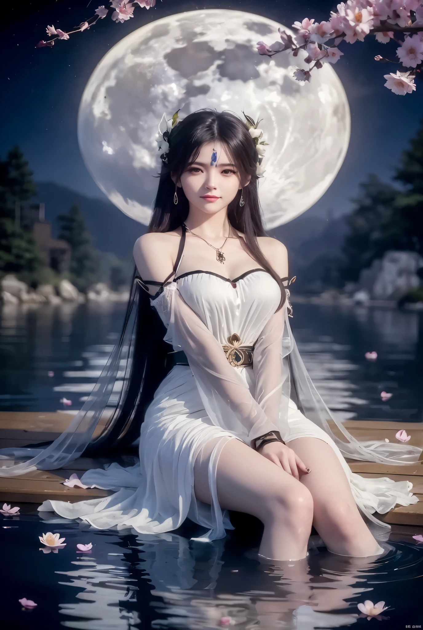 a woman in a white dress sitting on the water with a full moon in the background, a beautiful fantasy empress, by Yang J, beautiful maiden, ethereal beauty, ((a beautiful fantasy empress)), goddess of the moon, full body xianxia, anime goddess, moon goddess, white hanfu, beautiful goddess, guweiz, beautiful fantasy maiden, flowing magical robe
