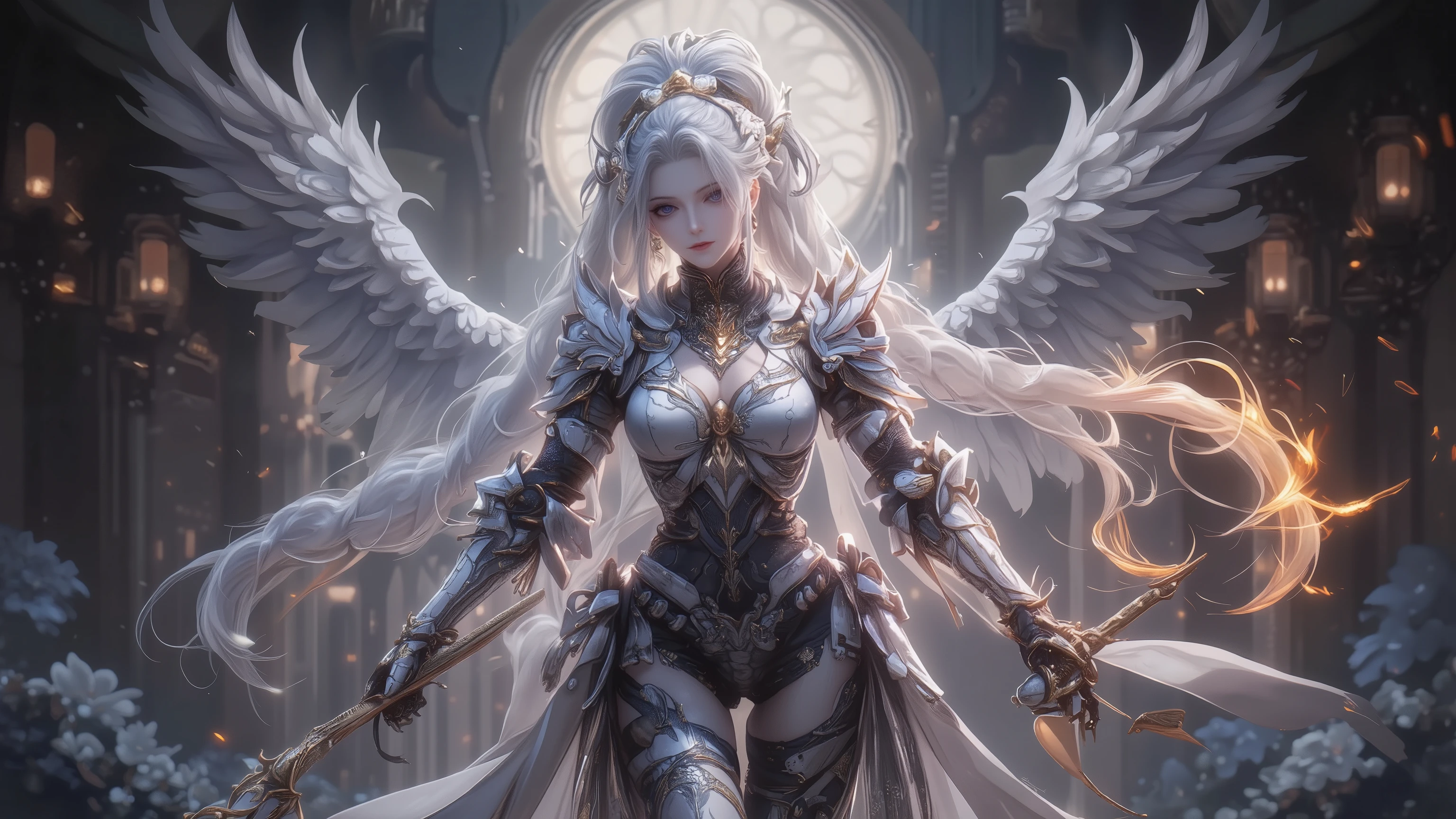 tmasterpiece,Best quality,A high resolution,8K,((Portrait)),(Head close-up),Original photo,real photo,digital photography,(Medieval fantasy style female fighting angel),(The Angel of Fantasy),20岁女孩,((Short grey hair)),((The eyes are red,The eye of the devil), jewelry,Keep your mouth shut,Beautiful Elegant,((Frown, get angry)),haughty,Noble and charming,(A fantasy combat suit,Cool Battle Armor,The magnificent armor of a knight,Metallic luster,A delicate badge of magic),(The Devil's Body),Crown,Angel halo,(Power angel),Photo pose,medieval characterantasy style,the night,starryskybackground,oc render reflection texture