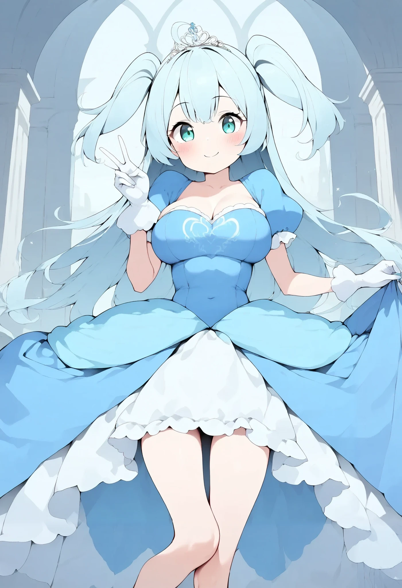 {{{Richil}}}, 1girl, long hair, two side up, ahoge, light blue hair, aqua eyes, fair skin, skinny, slim legs, petite, (medium breasts), ((large breasts)),{{{smile}}}, {{{solo}}}, {{{{masterpiece}}}}, {{{best quality}}}, {{{high quality}}}, {{{princess costume}}}, {{{{{puff sleeve}}}}}, {{{princess}}}, {{{frilled dress}}}, {{{cinderella (cosplay)}}}, {{{short sleeves}}}, {{{cinderella}}}, star princess, {{{blue dress}}}, {{{tiara}}}, {{{}}}, blue puff sleeve, {{{peace sign}}}, princess gloves, white princess gloves, short sleeves, long skirt, {{{beautiful hands}}}, {{{{{beautiful finger}}}}},