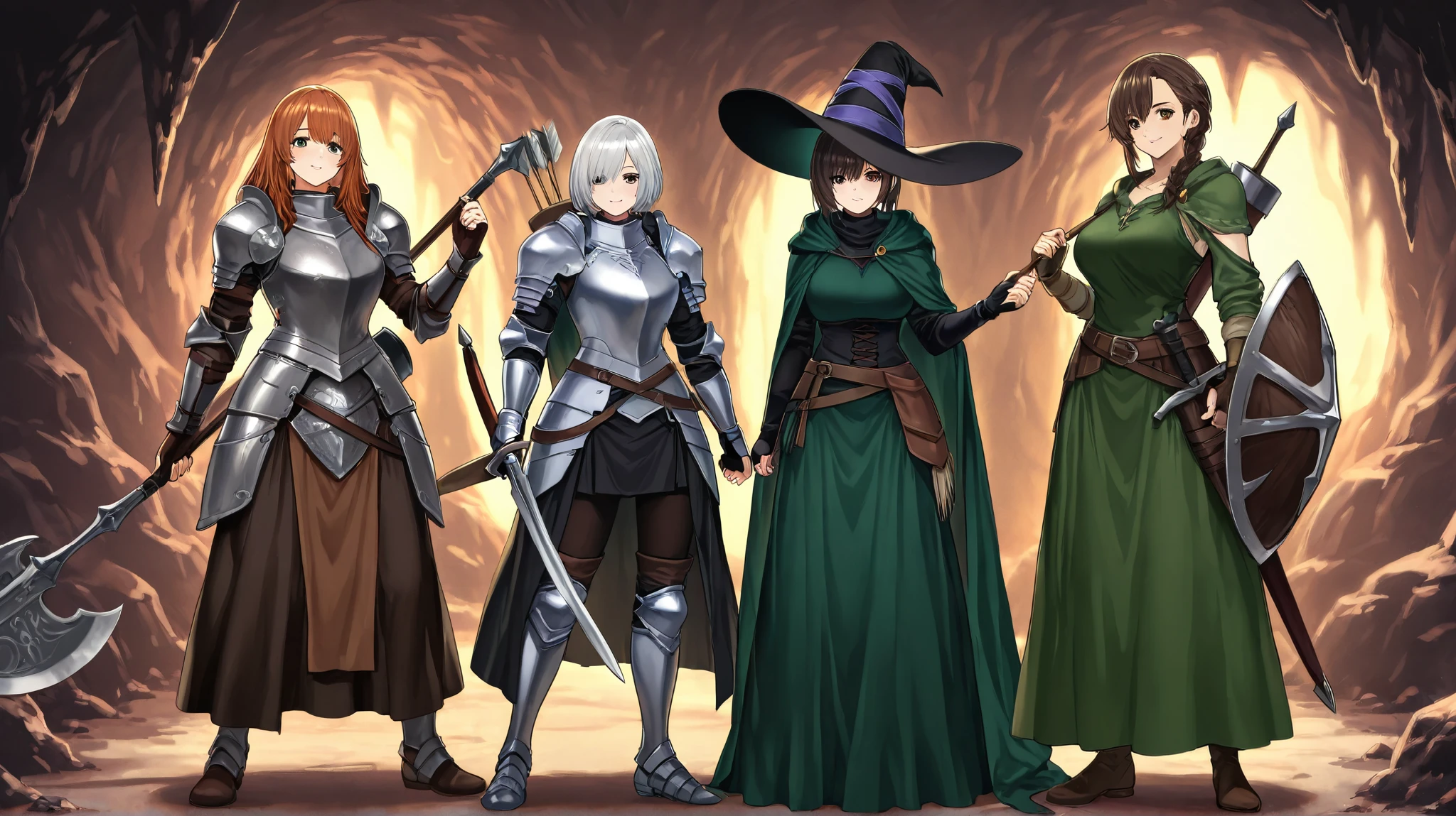 A horizontal lineup of five fantasy female characters in various armor styles, each showcasing unique traits. From left to right: an archer in green attire with a quiver; a sorceress in black with a large hat and a glowing book; a knight in shiny armor with a sword and shield; a warrior in plate armor with a sword and a shield; and a formidable female fighter in blue and silver armor wielding a large axe. The background features inside a dark creepy cave, full body, very far point of view.