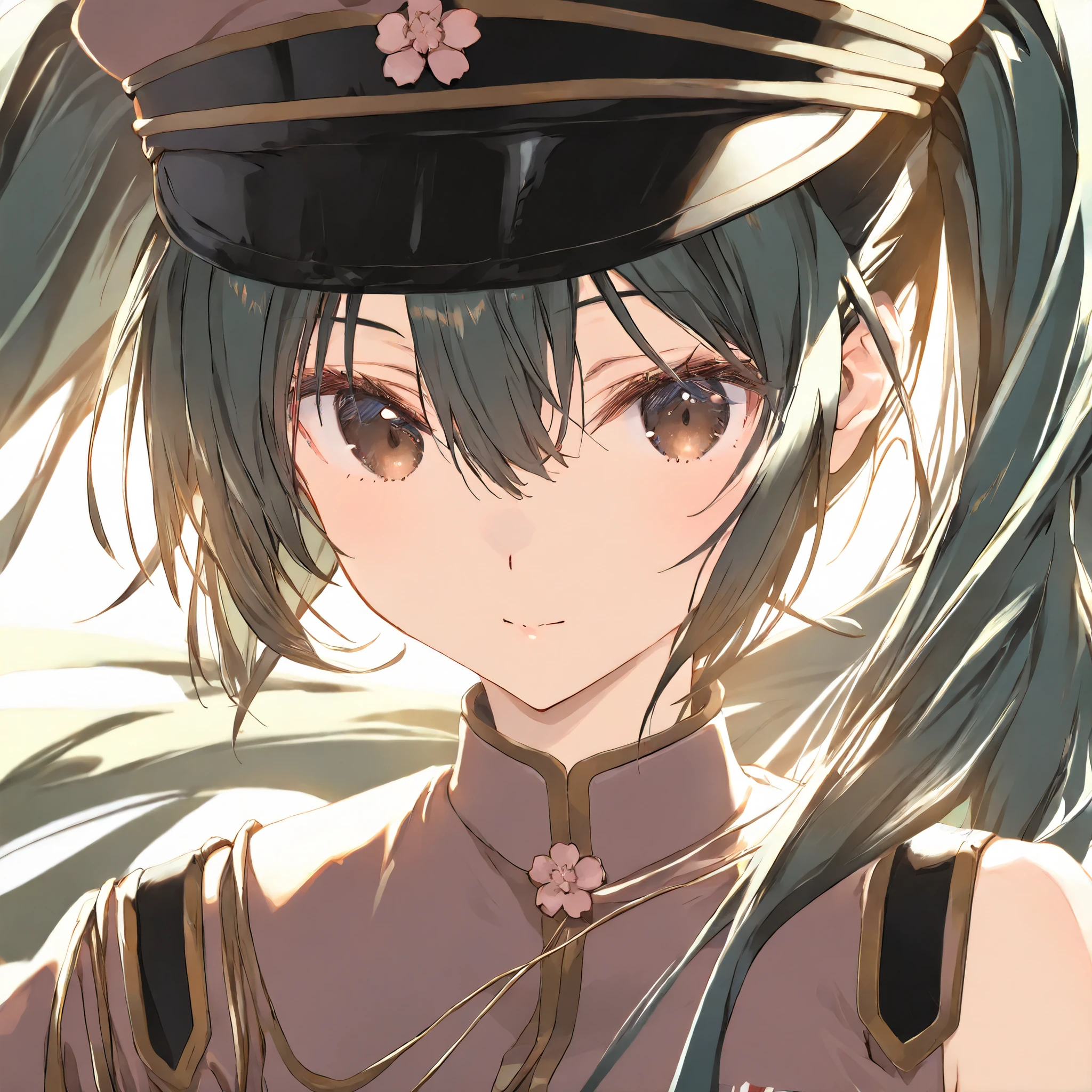 Solo,1girl,Senbonzakura Hatsune miku, dark green hair,Brown eyes, Japanese military officer uniform (artist:mitsumi_misato),artist:fujiyama,artist:kokonoka, break,(masterpiece), (best quality), (ultra-detailed),(Detailed Lighting), very aesthetic, newest, beauty illustration,super detailed skin, (masterpiece), (best quality), (ultra-detailed), very aesthetic lighting,newest ,hi res,absurd_res,shiny skin,2023, shaded,digital media (artwork), realistic lighting, 16k, 8k,highres, source_anime, official_art, photoshop_(medium)Narrow eyes,Bangs, ,Masterpiece, High Resolution, Accurate, Best Quality,