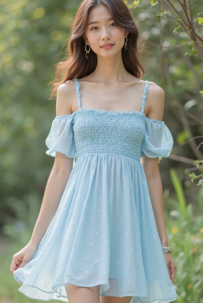 a beautiful young girl standing in front of a blue jacaranda tree, detailed facial features, striking blue eyes, delicate pink lips, flowing golden hair, ethereal aura, serene expression, dappled sunlight filtering through the blue blossoms, lush green foliage, dreamy, whimsical, fantasy-like, digital art, highly detailed, cinematic lighting, vibrant colors, photorealistic, 8k, above knee length dress, standing, stylish poses,