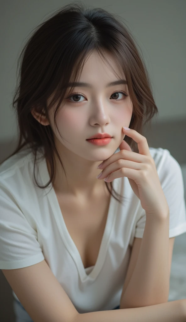 Highest quality、masterpiece、Ultra-high resolution、(Realism:1.4)、1 girl、In a pale background、Deep Shadow、Low Key、Shortcuts、Upper Body、sex appeal、Wearing a shirt