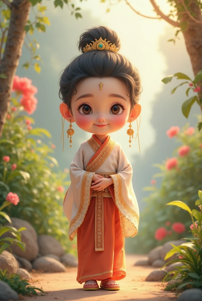 A beautiful and lovely Thai girl in an ancient costume is sitting in a palace, playing a Thai flute. She has a delicate face, exquisite makeup, and a traditional dress with floral patterns. The background combines elements of central Thai architecture, creating an atmosphere. This illustration style shows intricate details and bright colors. --ar 3:4