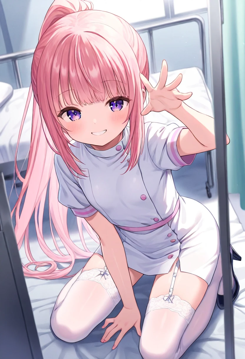 ,Wear white headphones,Wear a black collar,white stockings,White sailor suit,Lie down in bed,A pink-haired,Be red in the face,ssmile,Expose the collarbone,Background in the house,long whitr hair,eBlue eyes,Wear ankles,Pink cat ears,Pink cat tail