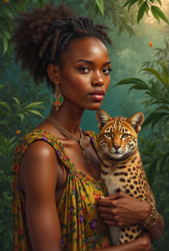((best quality)), ((masterpiece)), (detailed), (close up), (headshot), dark skin, perfect face beautiful African woman with beaded dreads, snuggling a panther, with Panthers, surrounded by Panthers, HDR, 4K, 3D