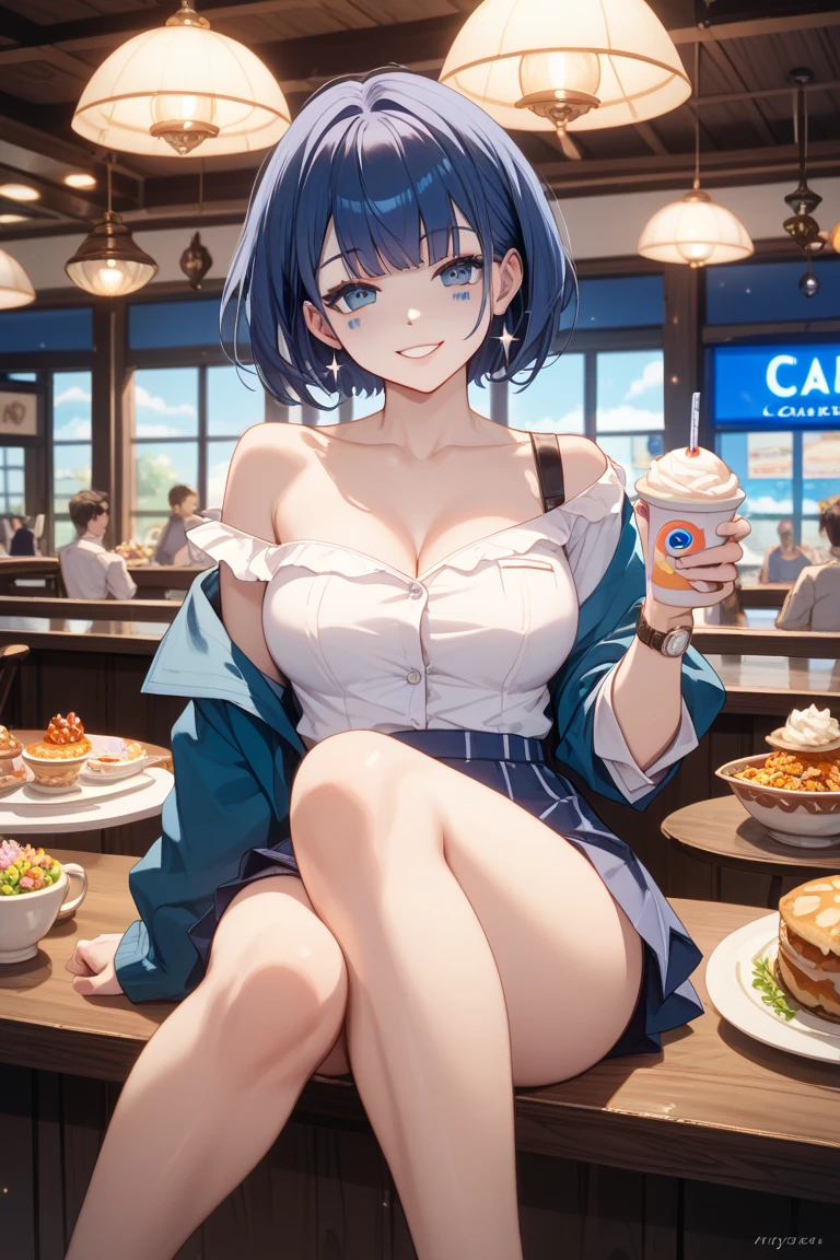 (masterpiece, best quality), best resolution, (2heads:1.5), 1girl, holding a bowl of popcorn, sitting on a couch, apartment living room, short purple hair, blue eyes, black oversized shirt, blue shorts