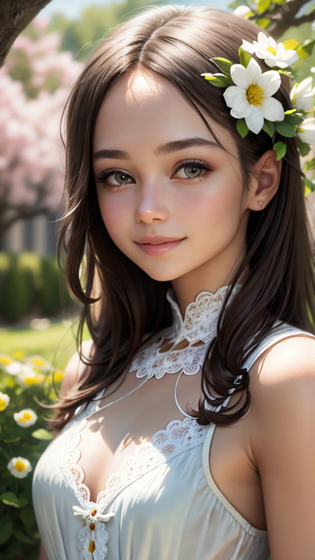 warm smile, high detail, beautiful detailed face, hazel eyes, (attractive woman:1.3), (blushing:1.1), guarda-roupa de estudante, Without deforming the fingers and hand, 22 anos, 21 anos, 18 anos, cara sexy, Yelena Belova, 23 anos, HD, en un jardin lleno de rosas, en un jardin lleno de flores blancas, en un jardin lleno de flores rosas, 4k, realista