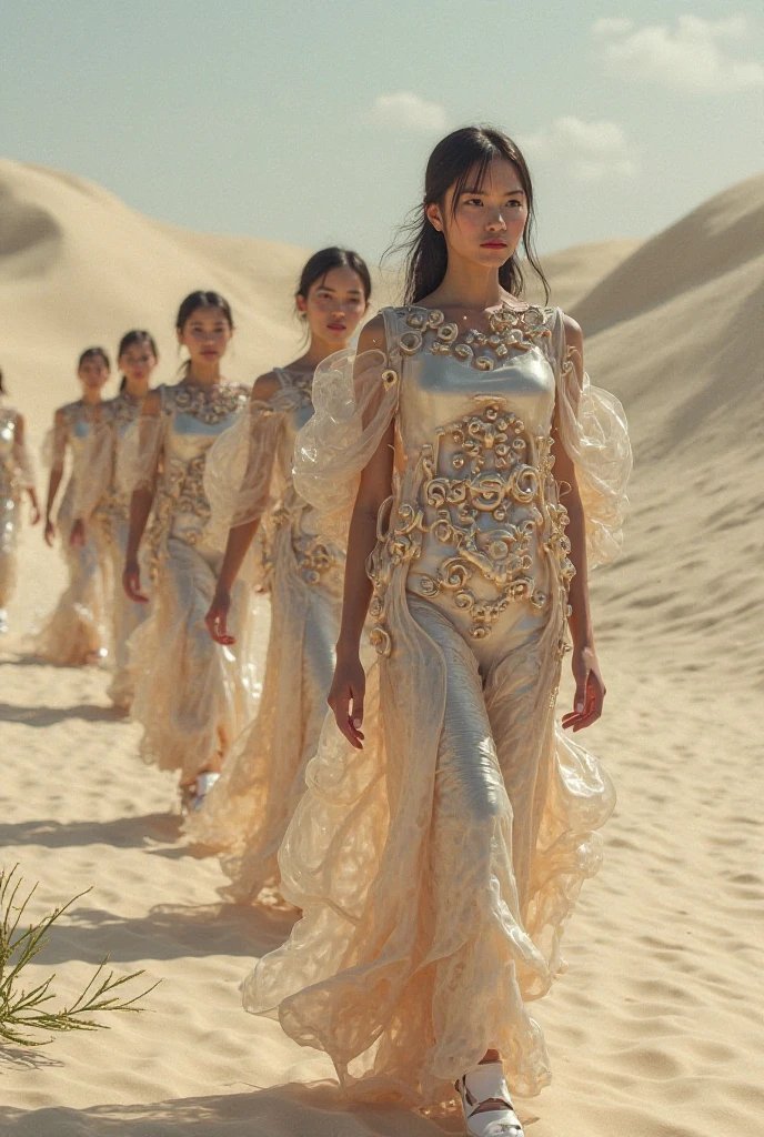 A photorealistic 4K cinematic image of four women standing together in a vast, surreal desert landscape, each dressed in elaborate, futuristic outfits inspired by the intricate designs and vibrant colors of the provided images. The scene captures a moment of unity and strength, blending high fashion with a touch of the surreal and otherworldly.
Each woman is adorned in a uniquely styled outfit that reflects a fusion of traditional and futuristic elements. Their outfits are rich in texture and color, featuring flowing fabrics, intricate patterns, and bold, sculptural accessories that give them an ethereal presence in the barren desert backdrop.
The first woman wears a flowing gown with vibrant, swirling patterns in shades of yellow and gold, her long, braided hair matching the hues of her dress. She holds a large, planetary orb that seems to glow with an inner light, symbolizing her connection to the celestial.
The second woman is dressed in a shimmering, mosaic-like outfit that glitters in the sunlight. Her gown is adorned with pieces of reflective glass and gems, creating a stained-glass effect that casts colorful reflections on the sand around her. A delicate, bejeweled hood covers her head, adding to the mystical aura.
The third woman’s outfit is a combination of metallic and iridescent fabrics, designed to catch the light and create a constantly shifting display of colors. Her sleeves are long and billowing, and her headpiece is adorned with delicate chains and crystals that sparkle in the sunlight.
The fourth woman wears a gown with intricate embroidery in pastel shades, combined with futuristic, translucent elements that float around her like a soft, ethereal mist. Her hair is styled in an elaborate updo, with strands woven through with glowing threads that pulse softly.
The background is a wide, open desert with soft, golden dunes stretching to the horizon. The lighting is warm and golden, enhancing the richness of the fabrics and the ethereal quality.